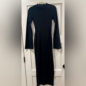 Black flare long sleeve ribbed midi